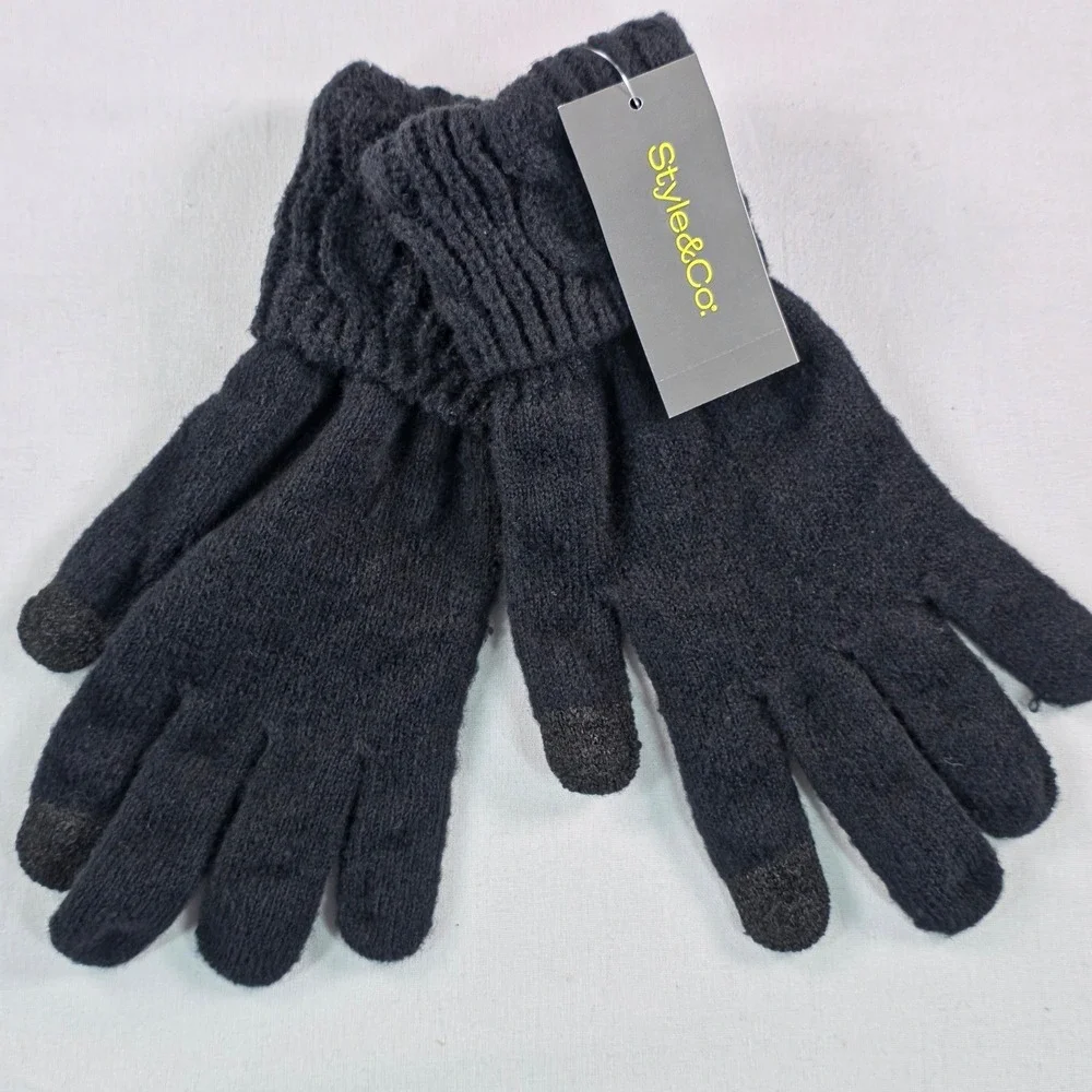 Style & Co Women Gloves One Size Black Cable Knit Tech Button Touchscreen NWT